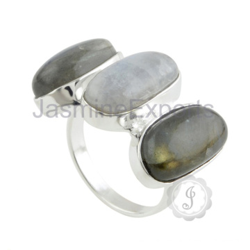 925 Sterling Silver Labradorite et Rainbow Moonstone Silver Ring